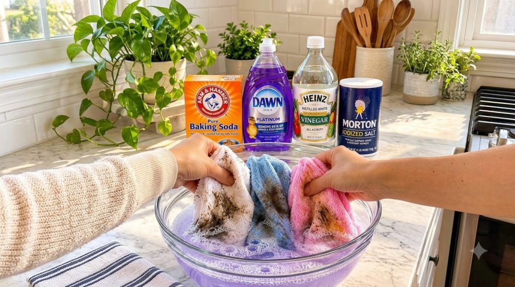 Hands submerging dirty microfiber cloths into a bowl of bubbly purple water with baking soda dish soap vinegar and salt 