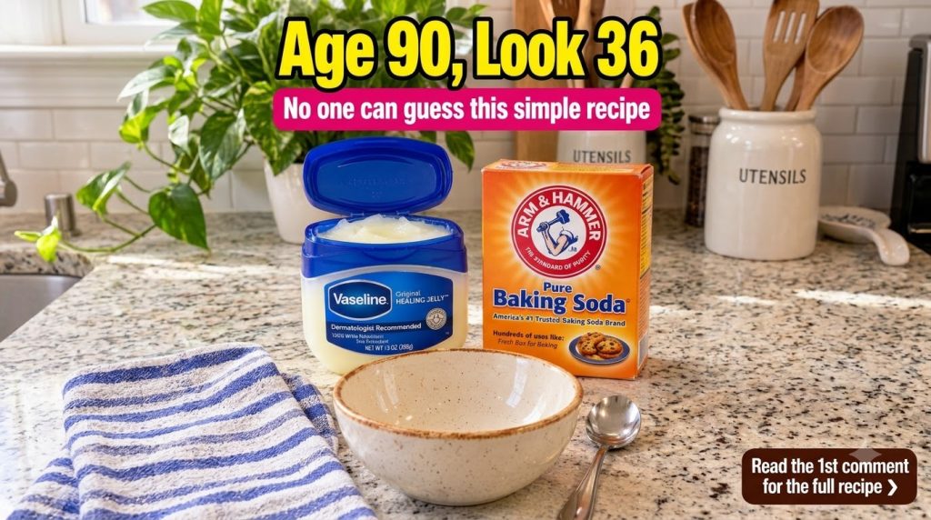 An open container of Vaseline Original Healing Jelly and a box of Arm Hammer Pure Baking Soda on a granite countertop ne