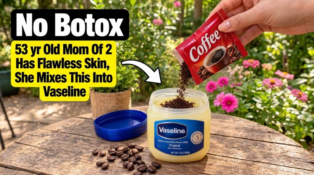 A hand pouring instant coffee granules from a red sachet into an open jar of Vaseline petroleum jelly on a wooden surfac