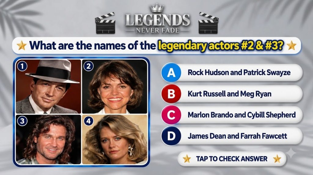A mobile quiz game interface asking to identify legendary actors 2 3 featuring portraits of four classic Hollywood stars