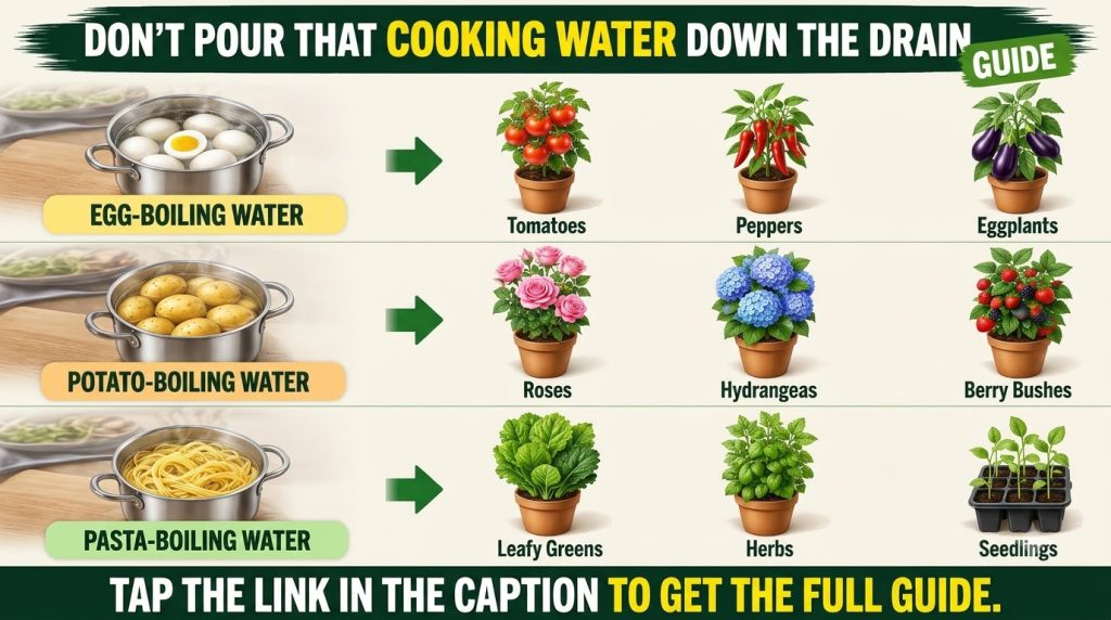 An educational infographic titled DON T POUR THAT COOKING WATER DOWN THE DRAIN GUIDE showing how egg potato and pasta bo
