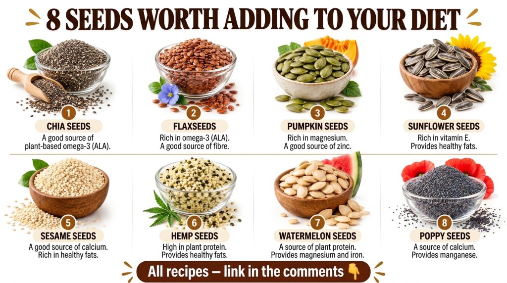 An aesthetic arrangement of eight different types of seeds in small glass bowls or wooden dishes on a clean white backgr