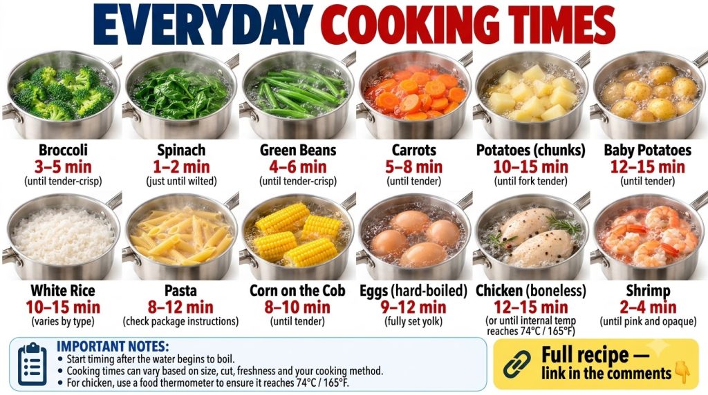 A grid of twelve different food items boiling in individual saucepans each with a digital timer displaying ideal cooking