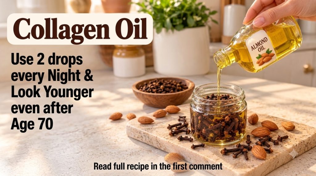 A hand pouring almond oil into a clear glass jar filled with whole cloves Scattered almonds and cloves are on a light su