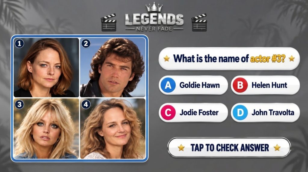 A mobile quiz screen titled LEGENDS NEVER FADE with the question What is the name of actor 3 It shows four celebrity por