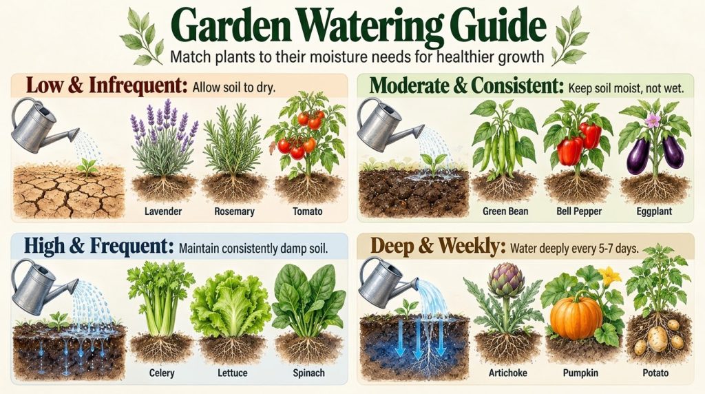 An infographic showing four different watering techniques and corresponding plants Little and Infrequent with lavender r