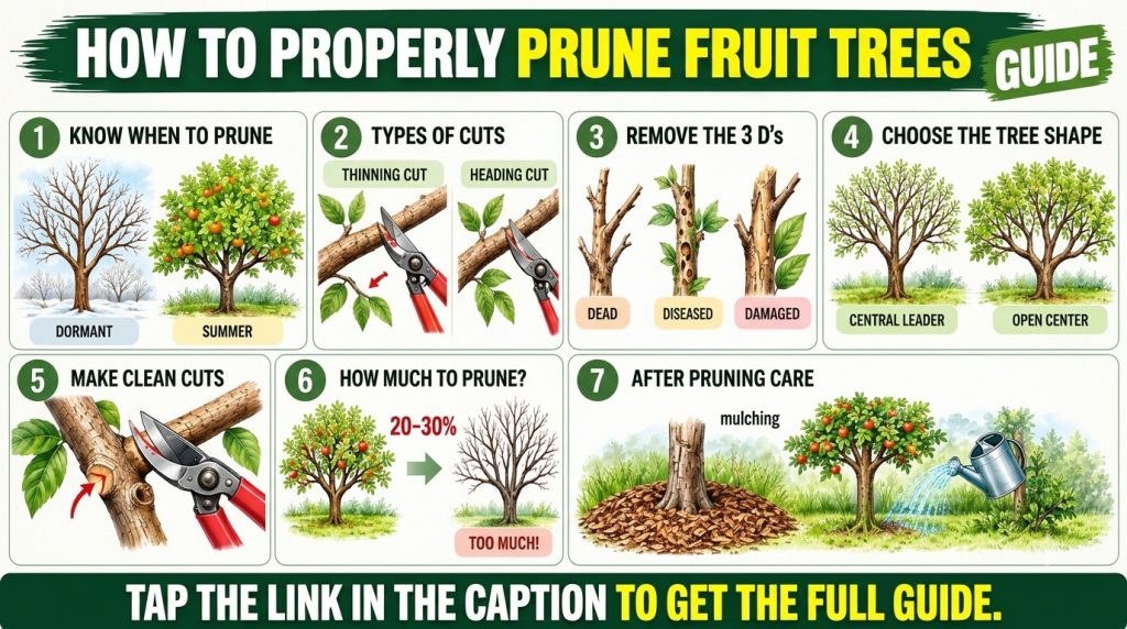 An infographic titled How to Properly Prune Fruit Trees Guide showing various stages of fruit tree development types of