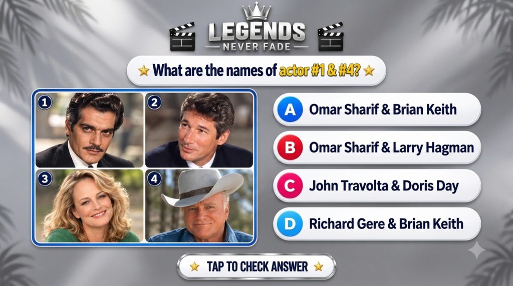 A mobile quiz game interface titled LEGENDS NEVER FADE featuring four headshots of classic actors and a question