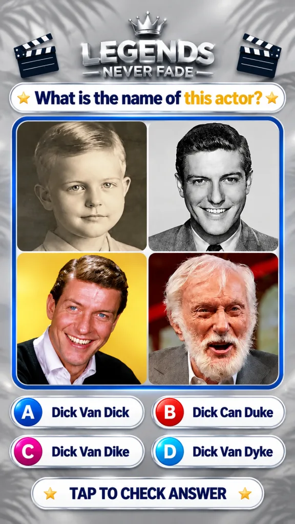 A mobile game quiz screen featuring four portraits of an actor at different life stages from childhood to old age with m