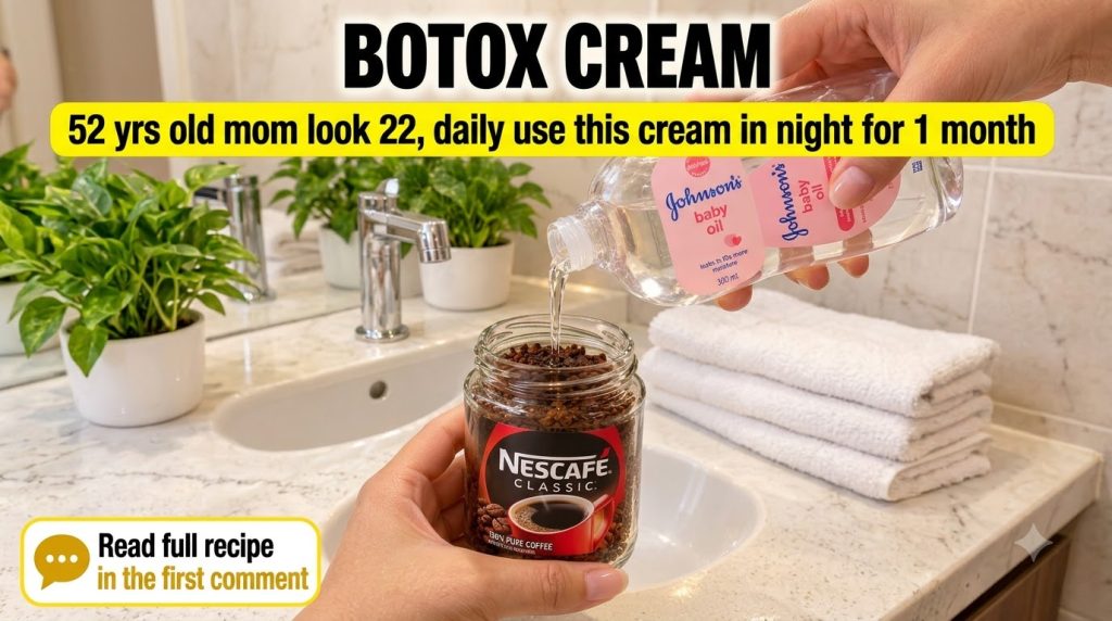 Close-up of hands pouring clear Johnson s baby oil into a glass jar filled with Nescafe Classic instant coffee granules 