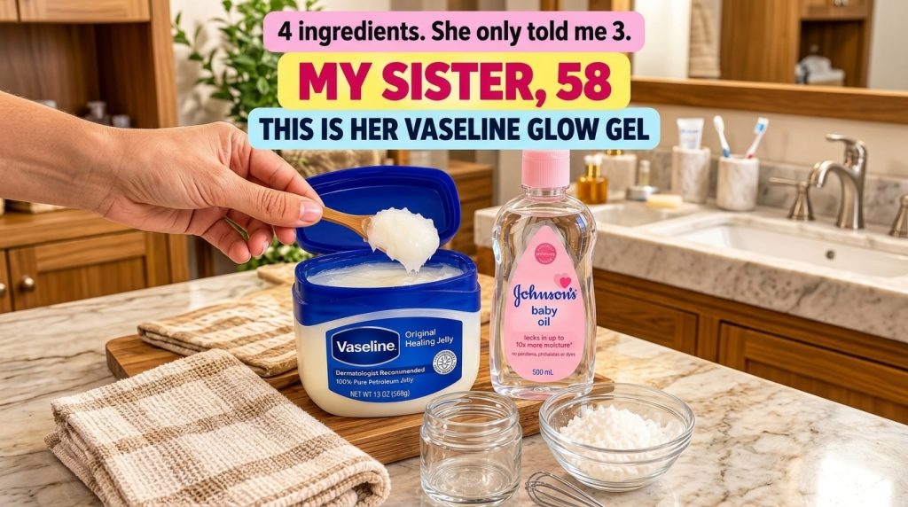 A flat lay of ingredients for a DIY Vaseline glow gel including an open tub of Vaseline a bottle of baby oil an empty gl