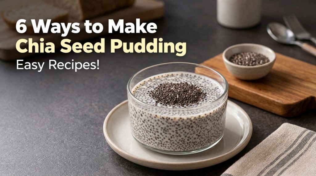 A glass bowl of chia seed pudding on a light plate with a generous topping of whole chia seeds In the blurred background