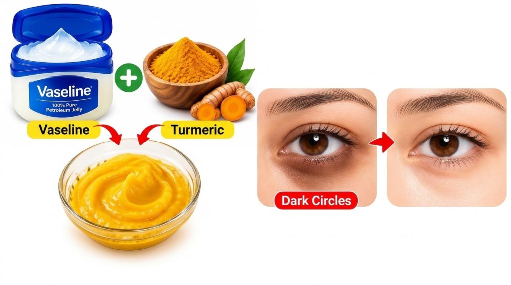 An infographic demonstrating a DIY remedy for dark circles using Vaseline and Turmeric It features an open jar of Vaseli