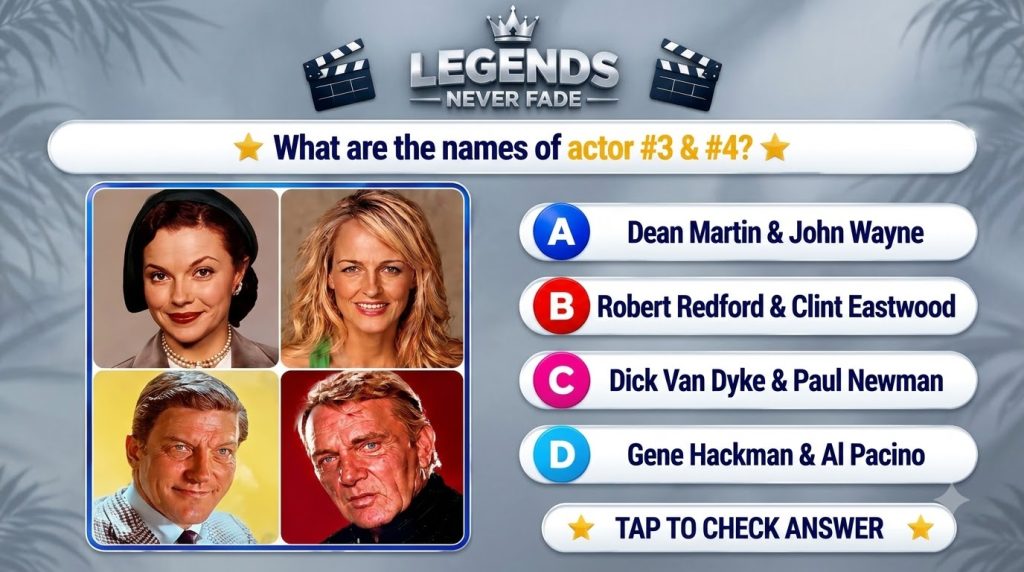 A mobile quiz game screen titled Legends Never Fade showing a 2x2 grid of four celebrity headshots The bottom left shows