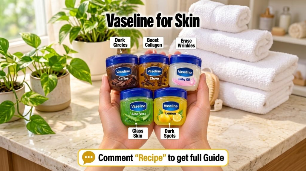 Five small jars of Vaseline each mixed with a different natural ingredient like coffee cloves baby oil aloe vera and lem
