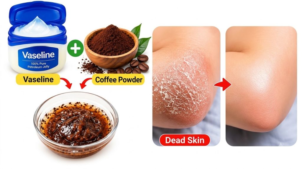 An infographic showing ingredients for a DIY coffee scrub Vaseline coffee powder and the mixed scrub with before-and-aft