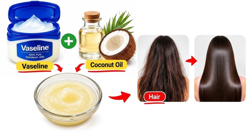 A visual guide for a homemade hair treatment showing a tub of Vaseline a bottle of coconut oil a glossy pale yellow mixt