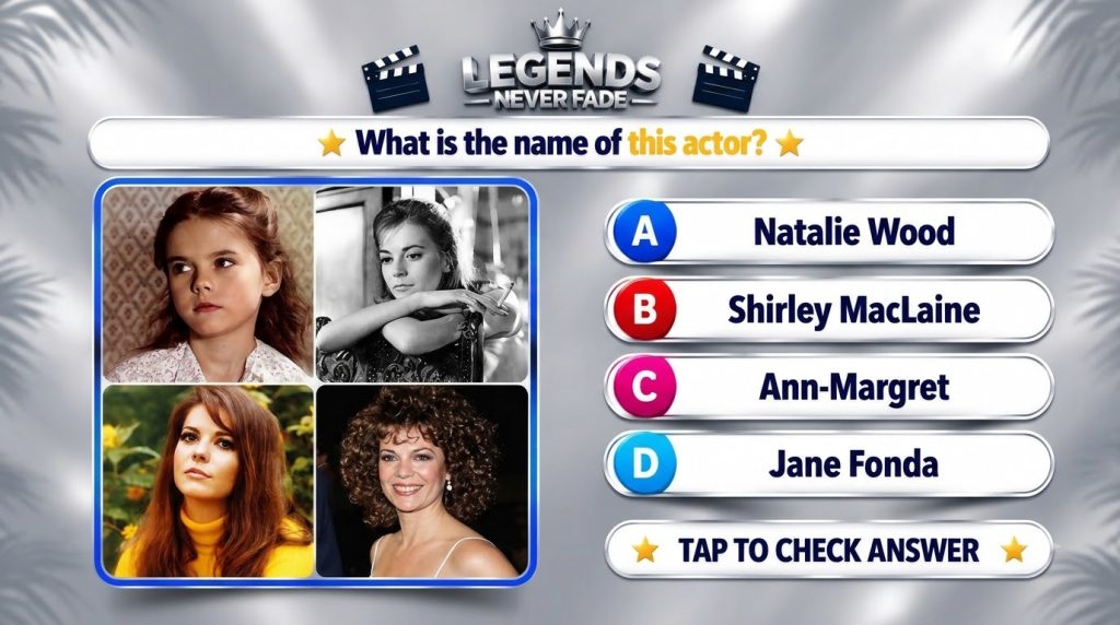 A mobile game style quiz interface with a collage of four portraits of the same actress at different ages titled LEGENDS