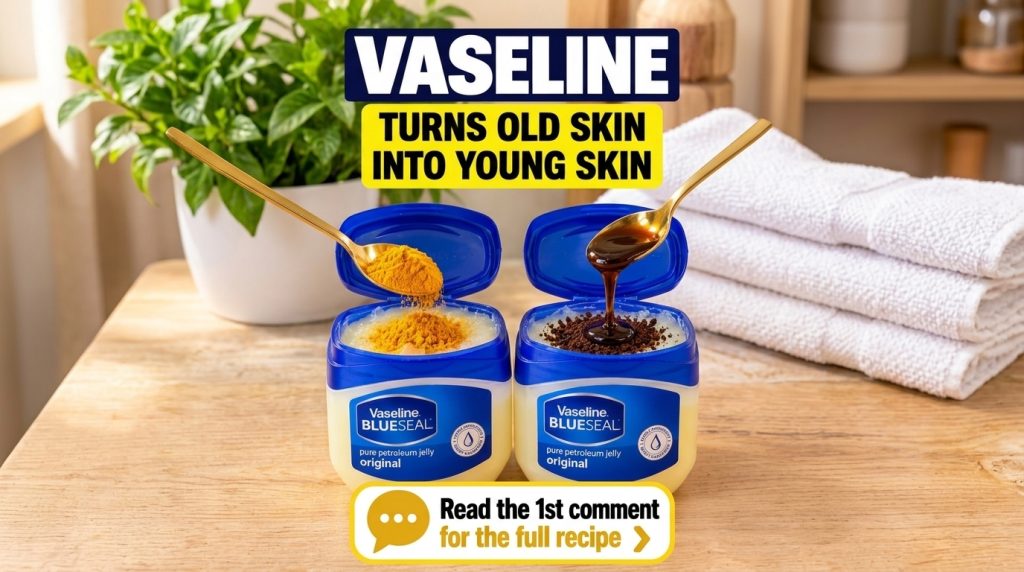 Two open tubs of Vaseline BlueSeal one with a golden spoon adding turmeric powder and the other with a golden spoon drip