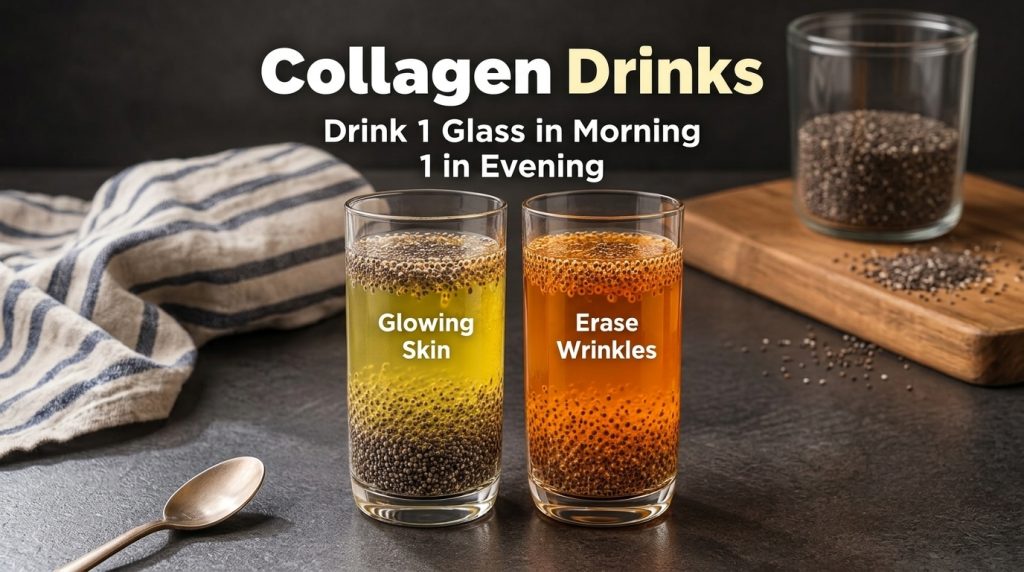 Two glasses of vibrant yellow and orange collagen drinks with chia seeds labeled Glowing Skin and Erase Wrinkles on a da