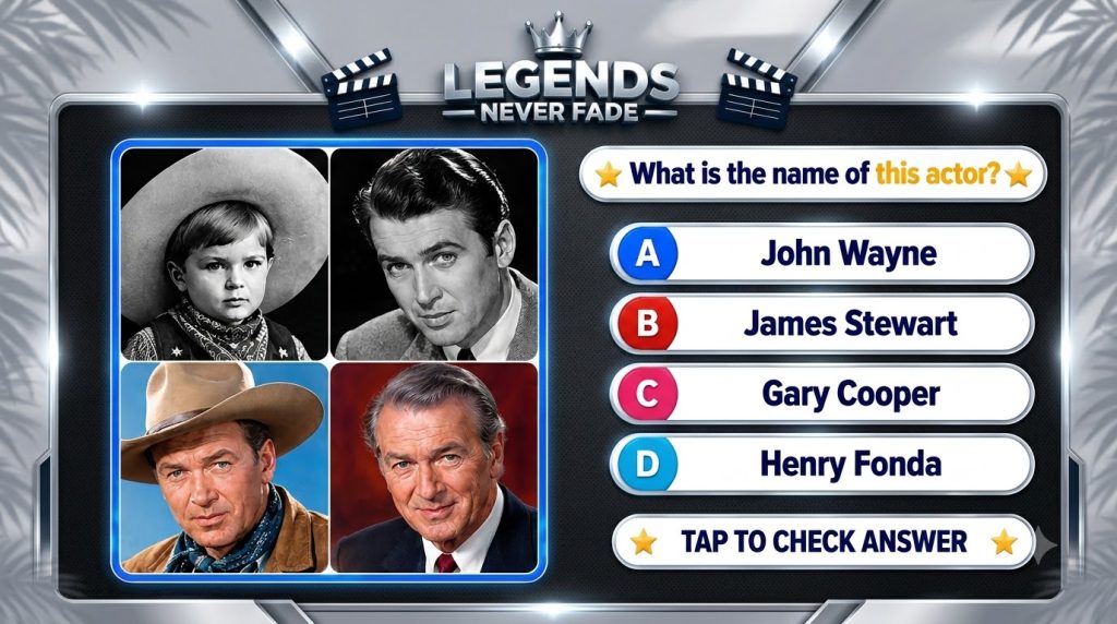 A mobile quiz game interface showing four portraits of Henry Fonda at different ages and a question asking to identify t