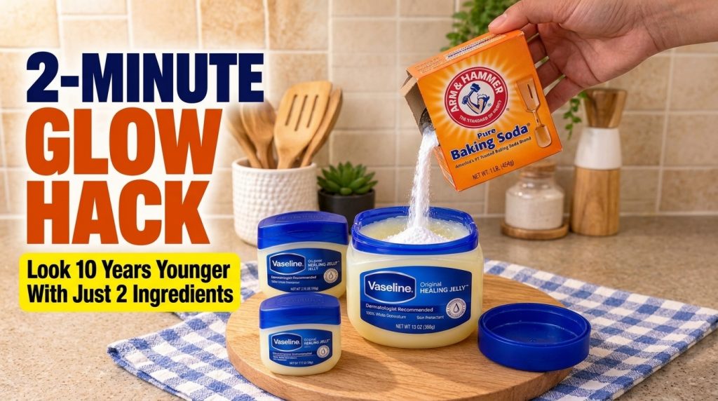 A hand pouring white baking soda powder from a box into a large tub of Vaseline petroleum jelly Smaller tubs of Vaseline