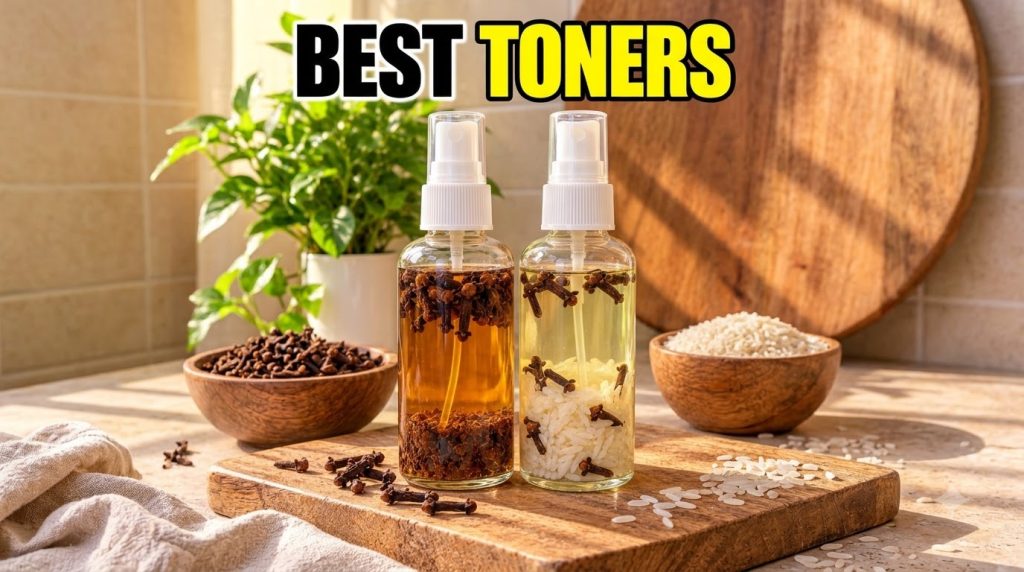 Two clear glass spray bottles on a wooden surface one containing dark amber liquid with cloves the other lighter liquid 