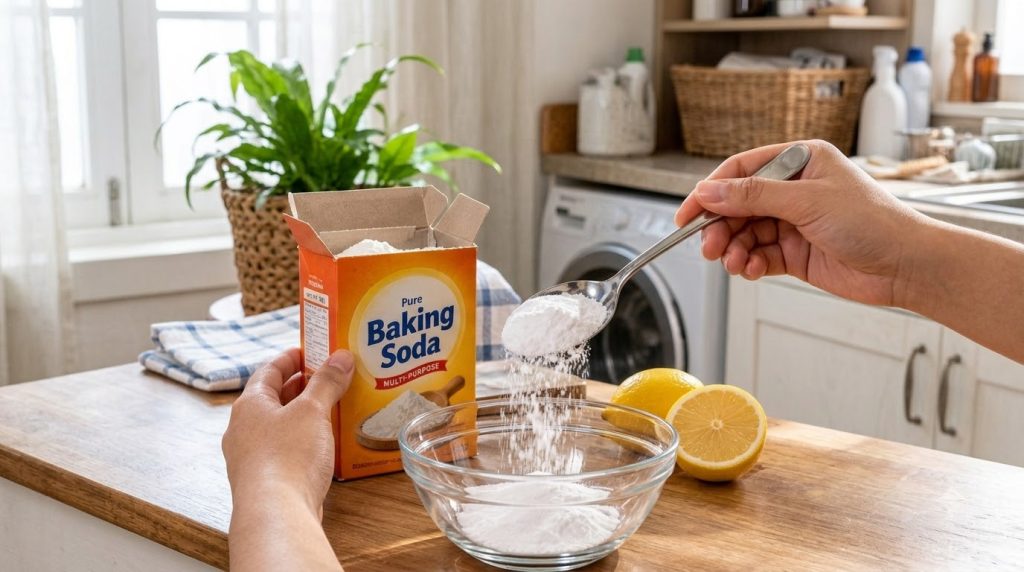A close-up of a person pouring baking soda with a spoon into a glass bowl with fresh lemons nearby on a wooden counter