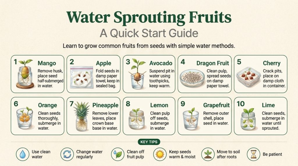 An infographic showing 10 fruit seeds sprouting in water with key tips for propagation The fruits include Mango Avocado 