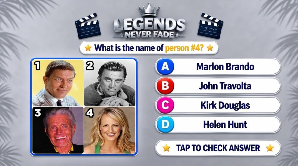 A mobile quiz game interface titled LEGENDS NEVER FADE with a question What is the name of person 4 and four celebrity p