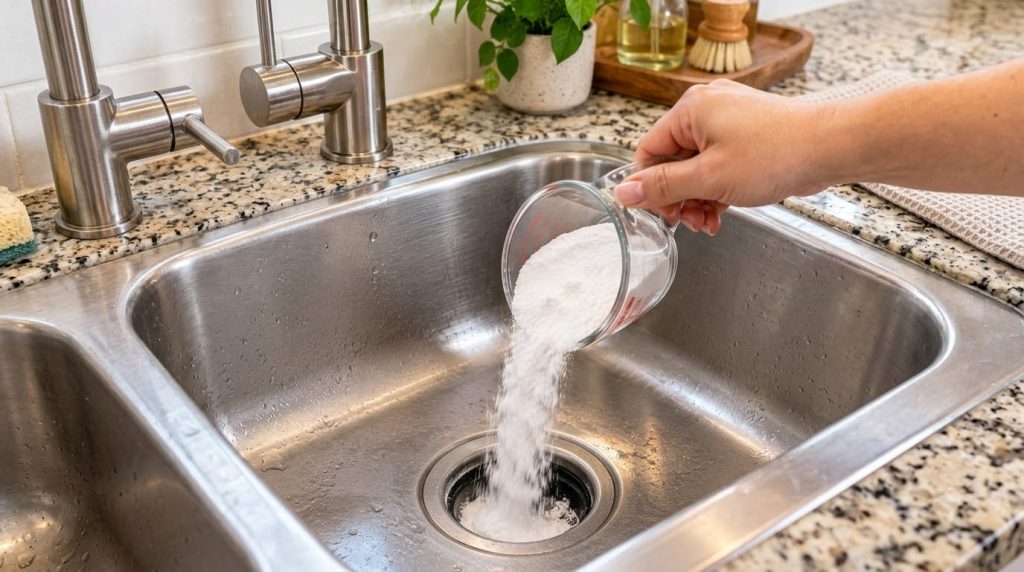 A close-up of a hand pouring white powder likely baking soda from a glass measuring cup into a stainless steel kitchen s