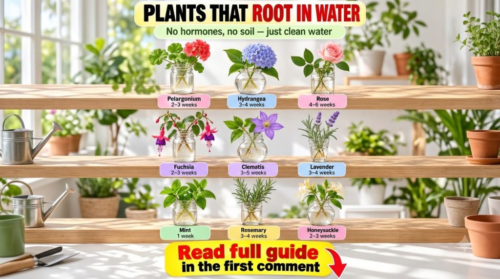 A grid of nine different plant cuttings each in a clear glass jar of water arranged neatly on three light wooden shelves