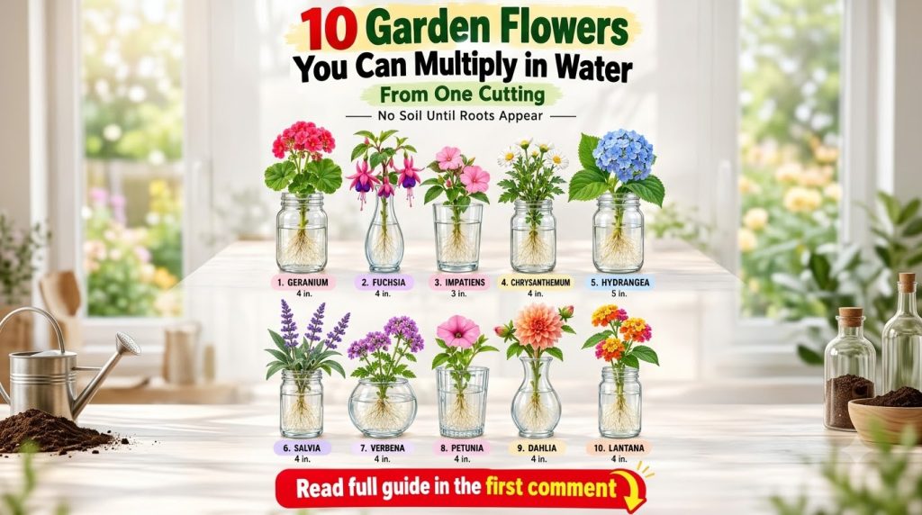 Various flower cuttings clearly labeled with their names and recommended cutting lengths showing developed root systems 
