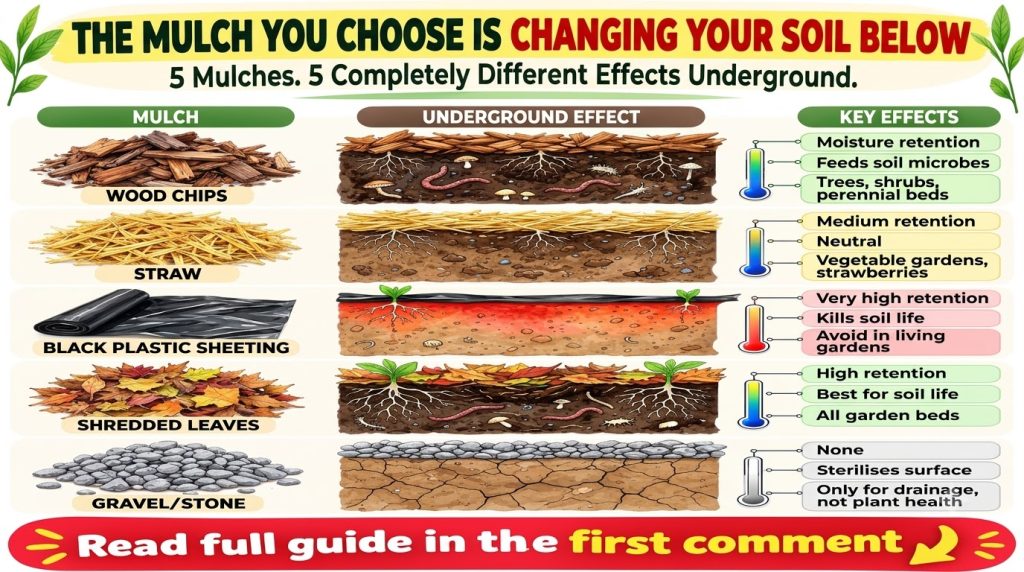 An infographic showing the Underground Effect of five different types of mulch wood chips straw black plastic sheeting s