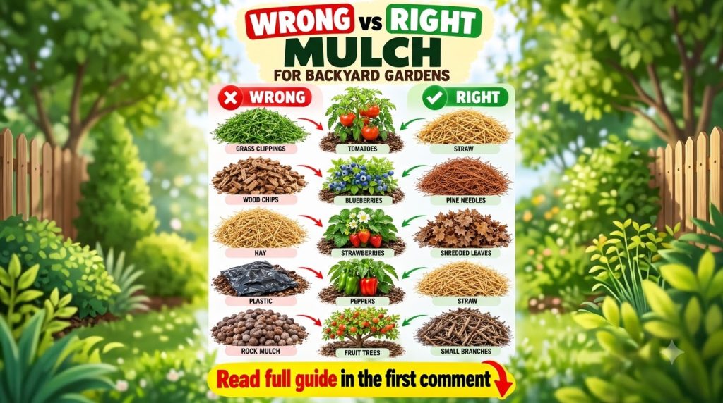 An infographic showing Wrong vs Right Mulch for Backyard Gardens illustrating contrasting mulch types for tomatoes blueb