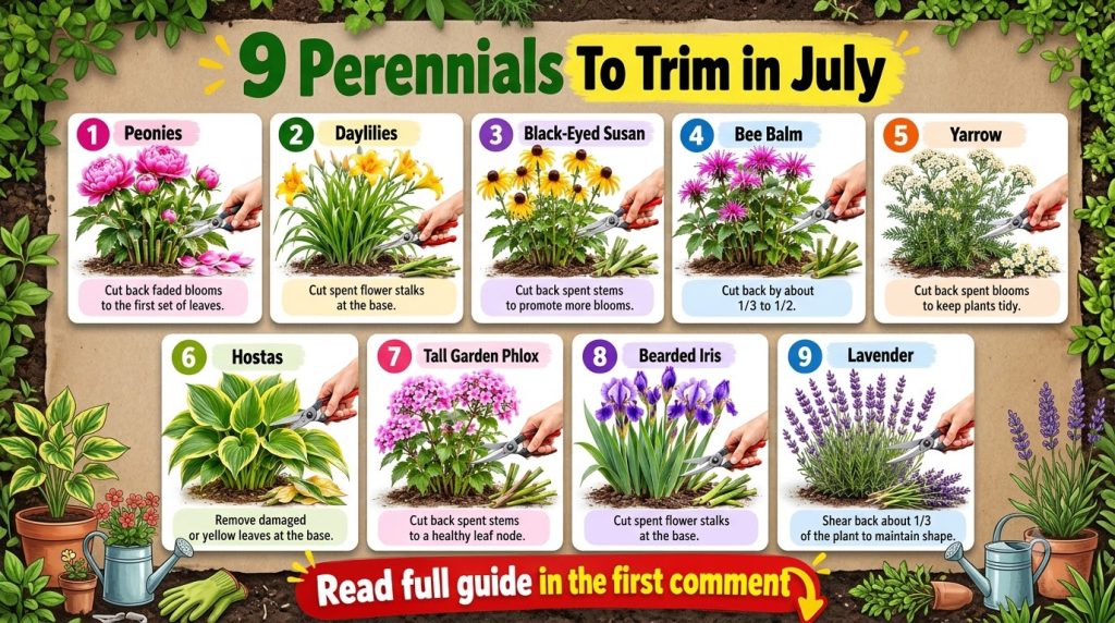 An infographic showing nine types of perennials suitable for trimming in July with each plant depicted before and during