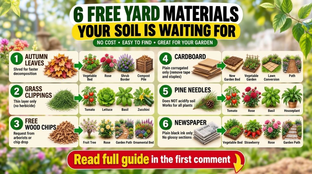 An infographic titled 6 FREE YARD MATERIALS YOUR SOIL IS WAITING FOR showing illustrations of autumn leaves grass clippi