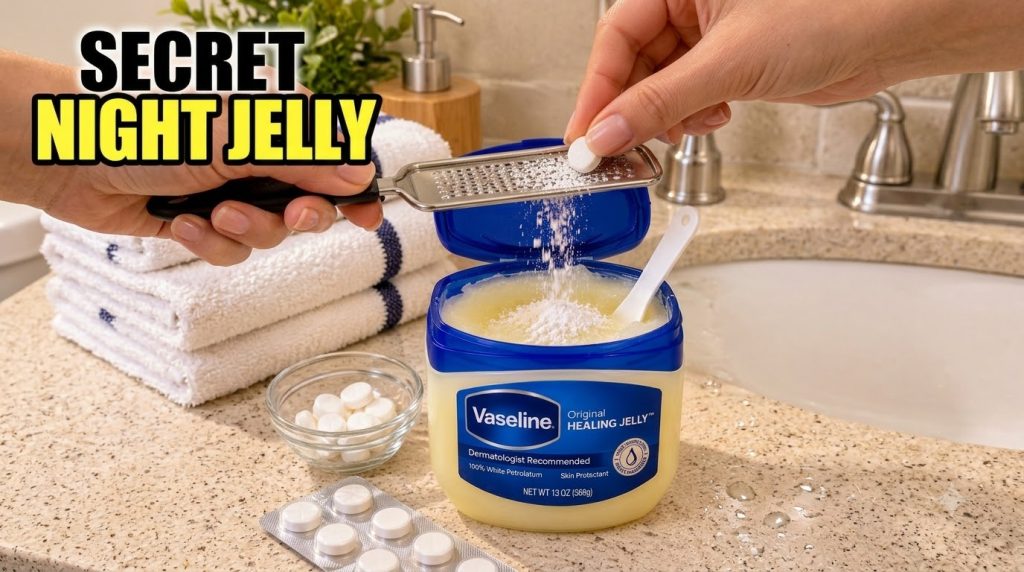 Hands grating a white aspirin pill into a small tub of Vaseline creating a fine white powder with a small spoon already 