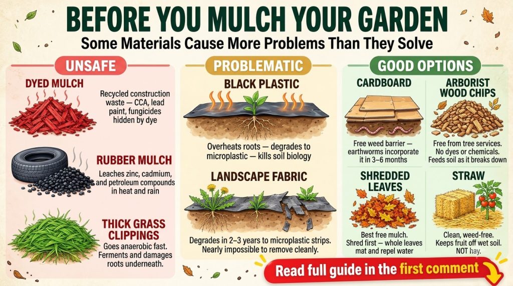 An infographic showing different types of garden mulches categorized into UNSAFE PROBLEMATIC and GOOD OPTIONS with illus