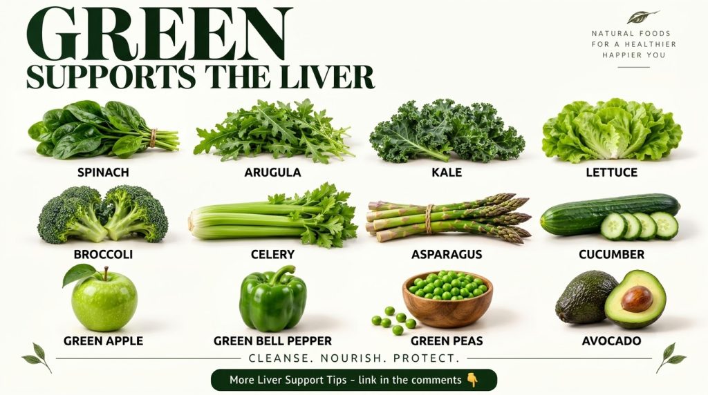 A grid-like infographic of various green fruits and vegetables each labeled with the prominent text GREEN SUPPORTS THE L