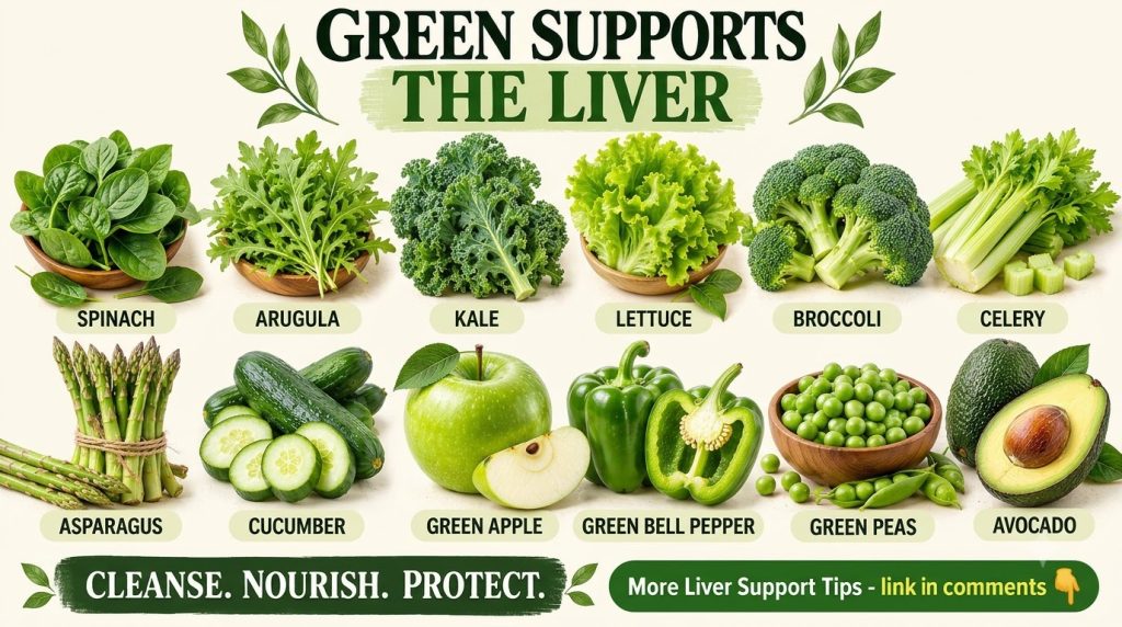 A vibrant and clean infographic displaying 12 different green vegetables and fruits each clearly labeled The infographic
