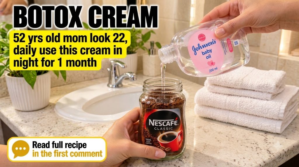 A close-up shot of hands in a bathroom One hand holds a jar of Nescafe Classic instant coffee while the other pours John