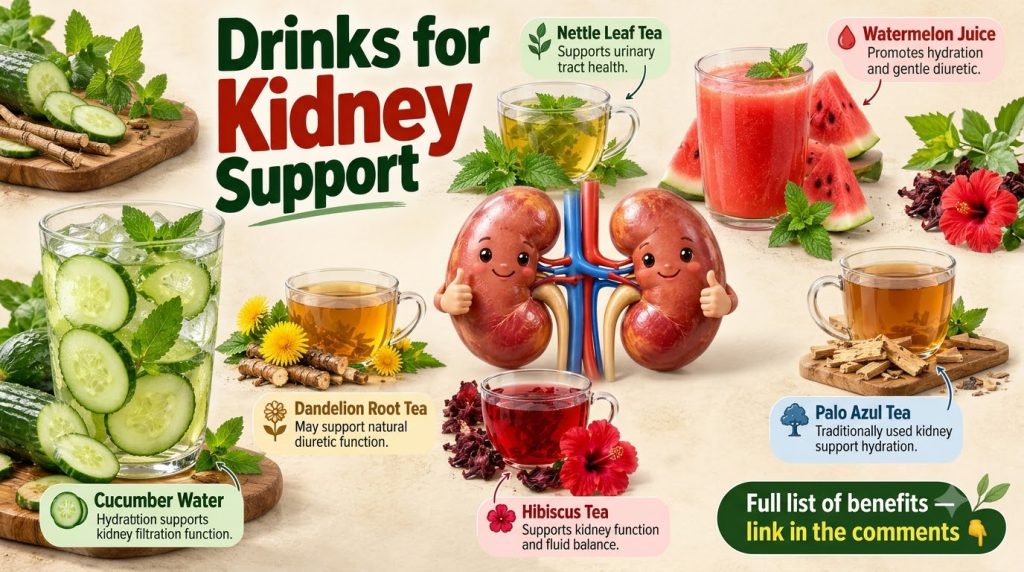 An infographic showing various drinks for kidney support with cartoon kidneys at the center Drinks like Nettle Leaf Tea 