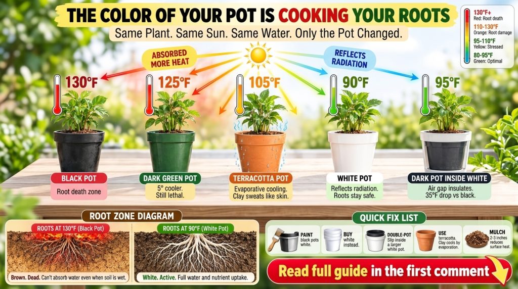 An infographic showing five potted plants of different colors black dark terracotta light white white-inside-dark under