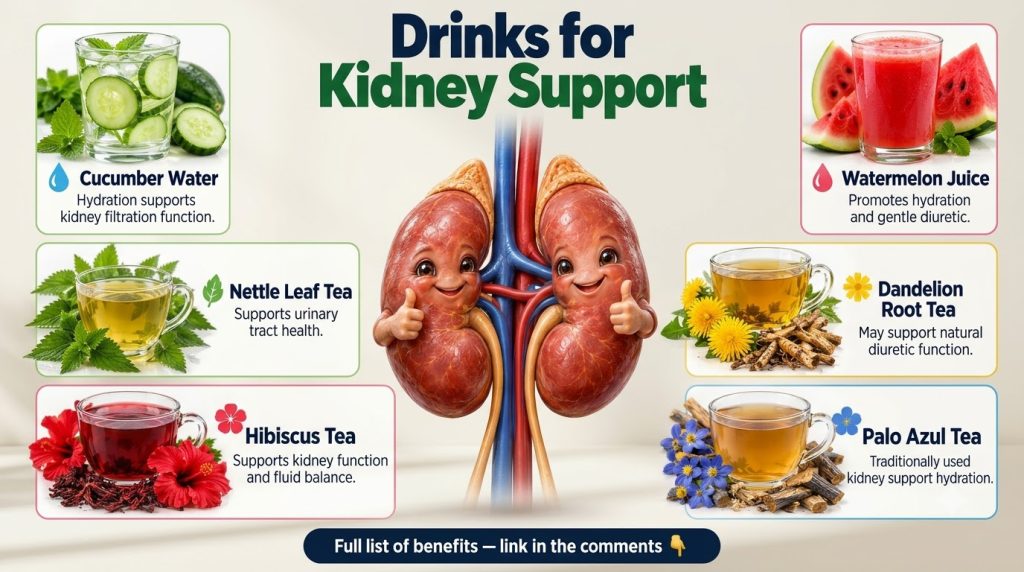 An infographic-style image showing six different refreshing drinks each with its natural ingredients surrounding a centr