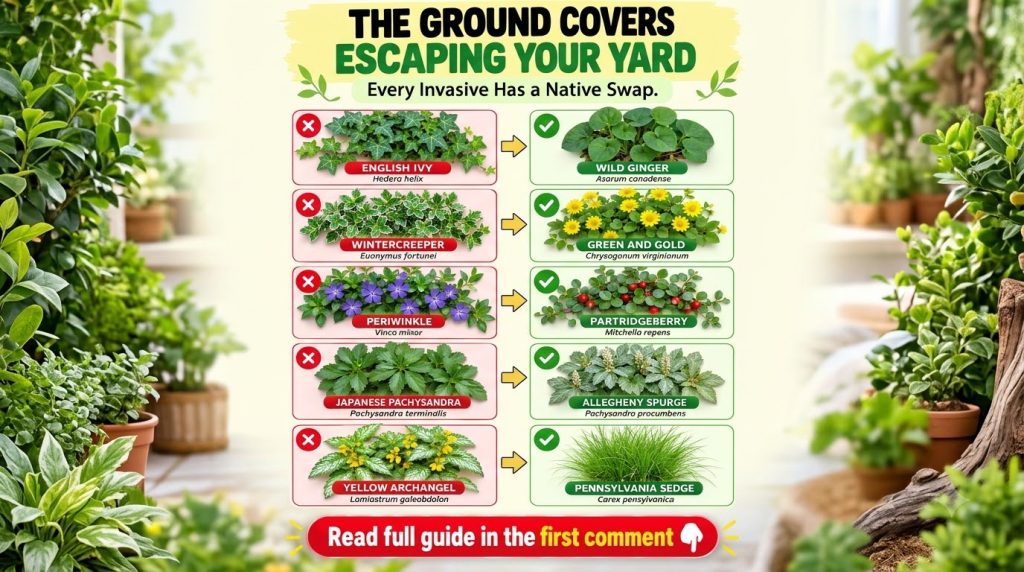 An infographic showing five common invasive ground cover plants with a red X and their native alternatives with a green 