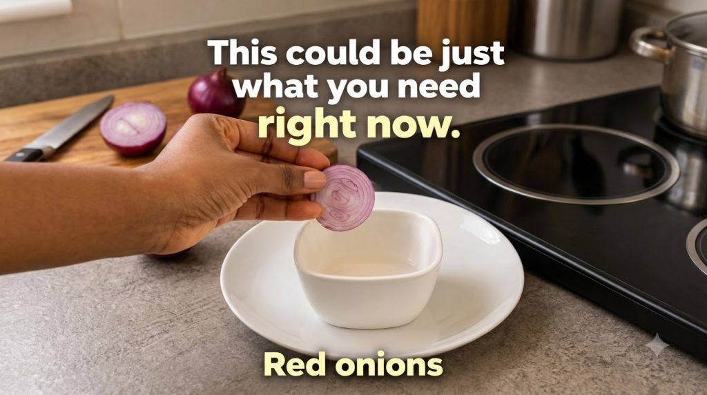 A hand preparing red onion slices and juice for a homemade face mask with a bowl for mixing visible