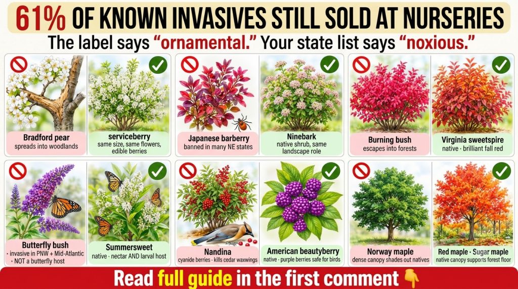 An infographic comparing 12 plant species clearly marking each as invasive with a red cross or native with a green check