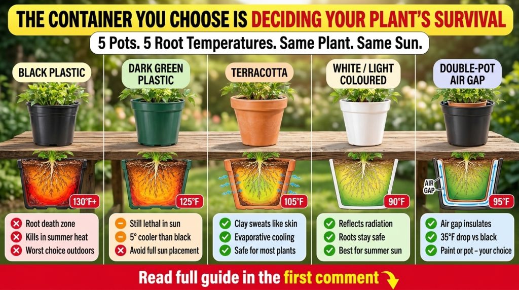 Infographic comparing different plant pot materials terracotta light plastic dark plastic glazed fabric and their impact
