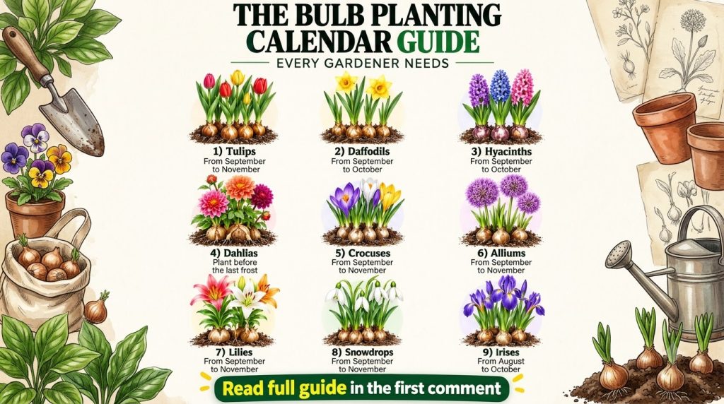 An infographic showing a seasonal bulb planting calendar with various flowering bulb varieties their illustrations and o